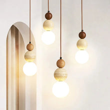 Load image into Gallery viewer, Thai Pendant - Travertine Stone &amp; Wood
