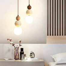 Load image into Gallery viewer, Thai Pendant - Travertine Stone &amp; Wood
