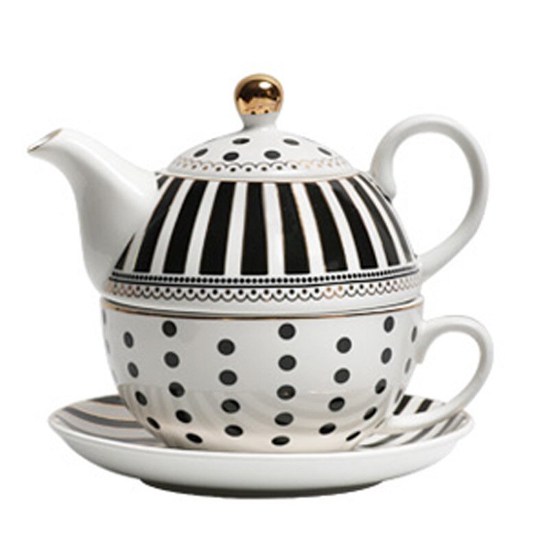 Porcelain Tea For One set - dots and stripes