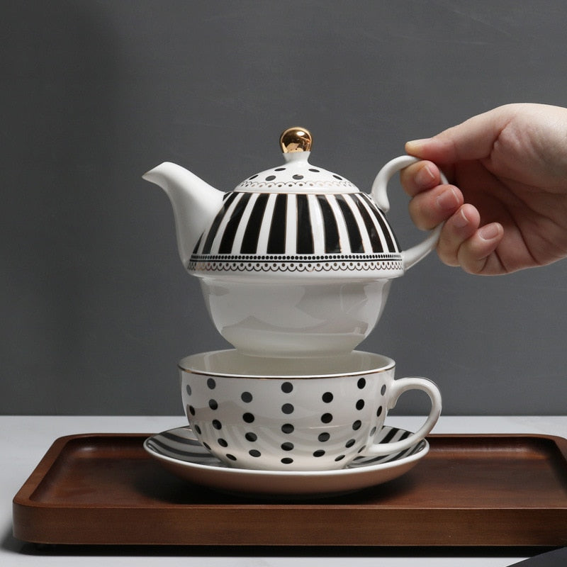 Porcelain Tea For One set - dots and stripes
